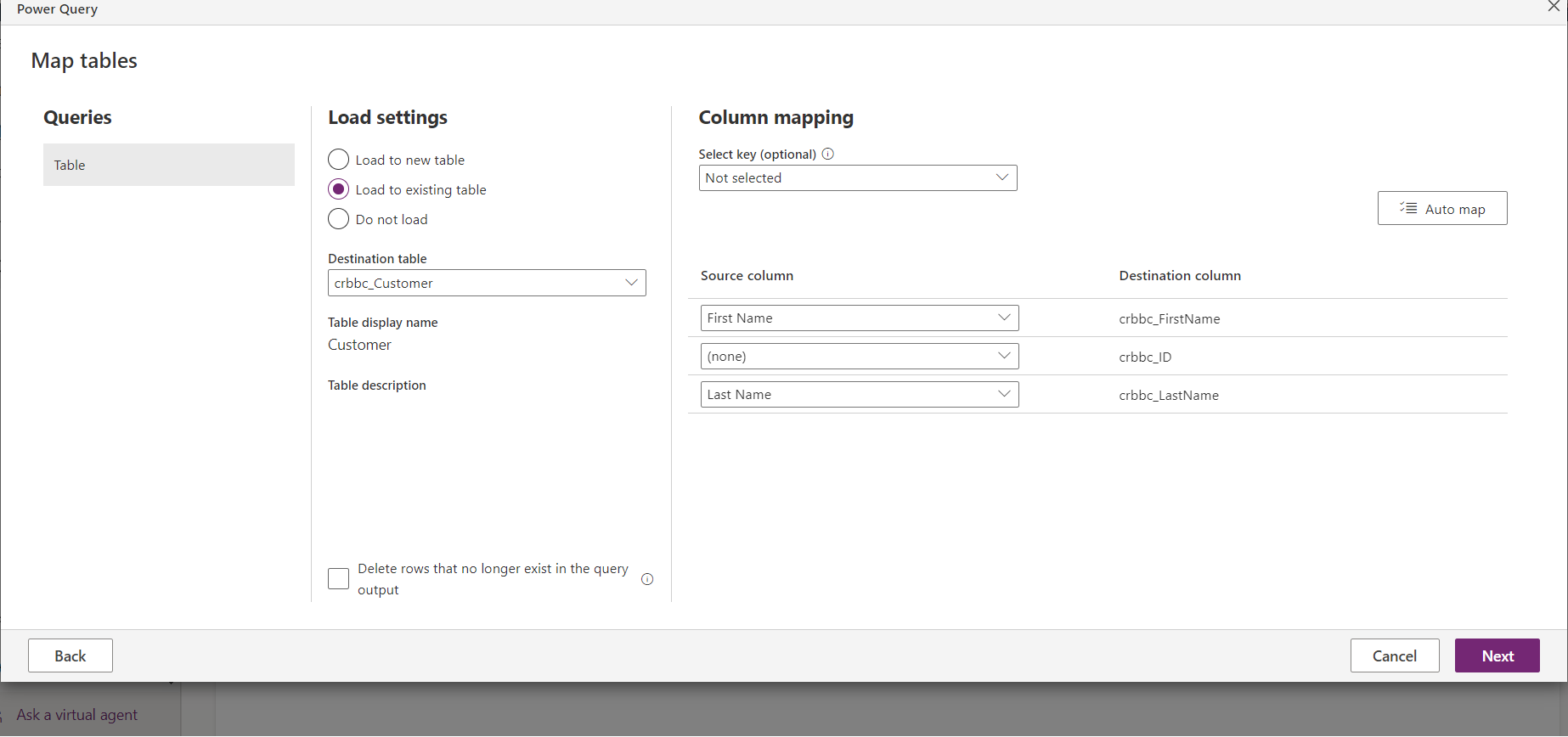 Screenshot of dataflow mapping where the lookup mapping is not available